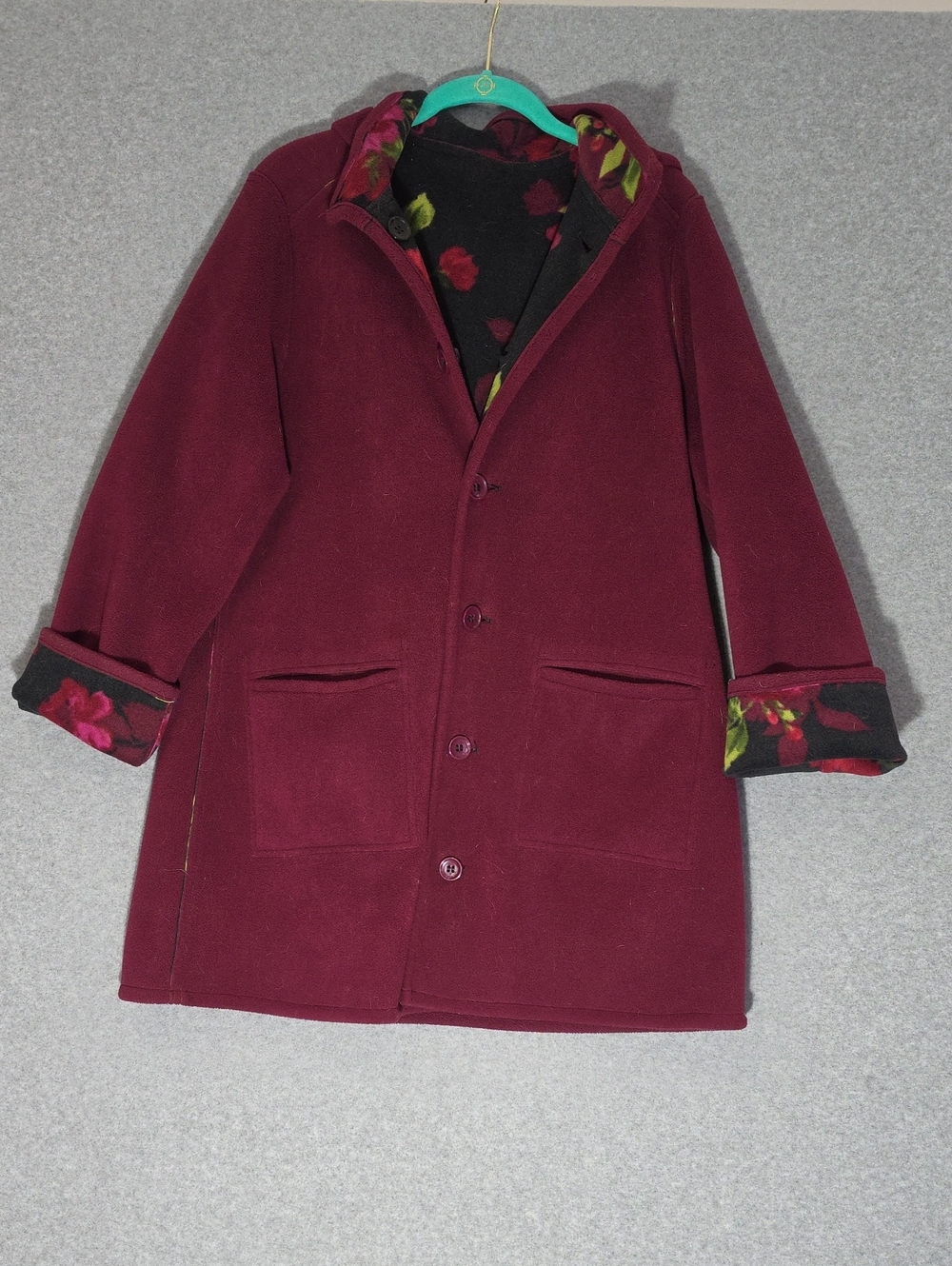 Susan Graver Burgundy/Floral Reversible Pea Coat